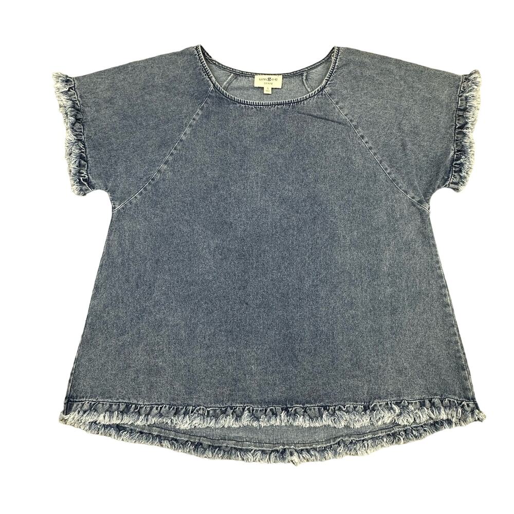 Umgee Denim Blouse Womens Small Blue Frayed Ruffle Trim Raglan J4222